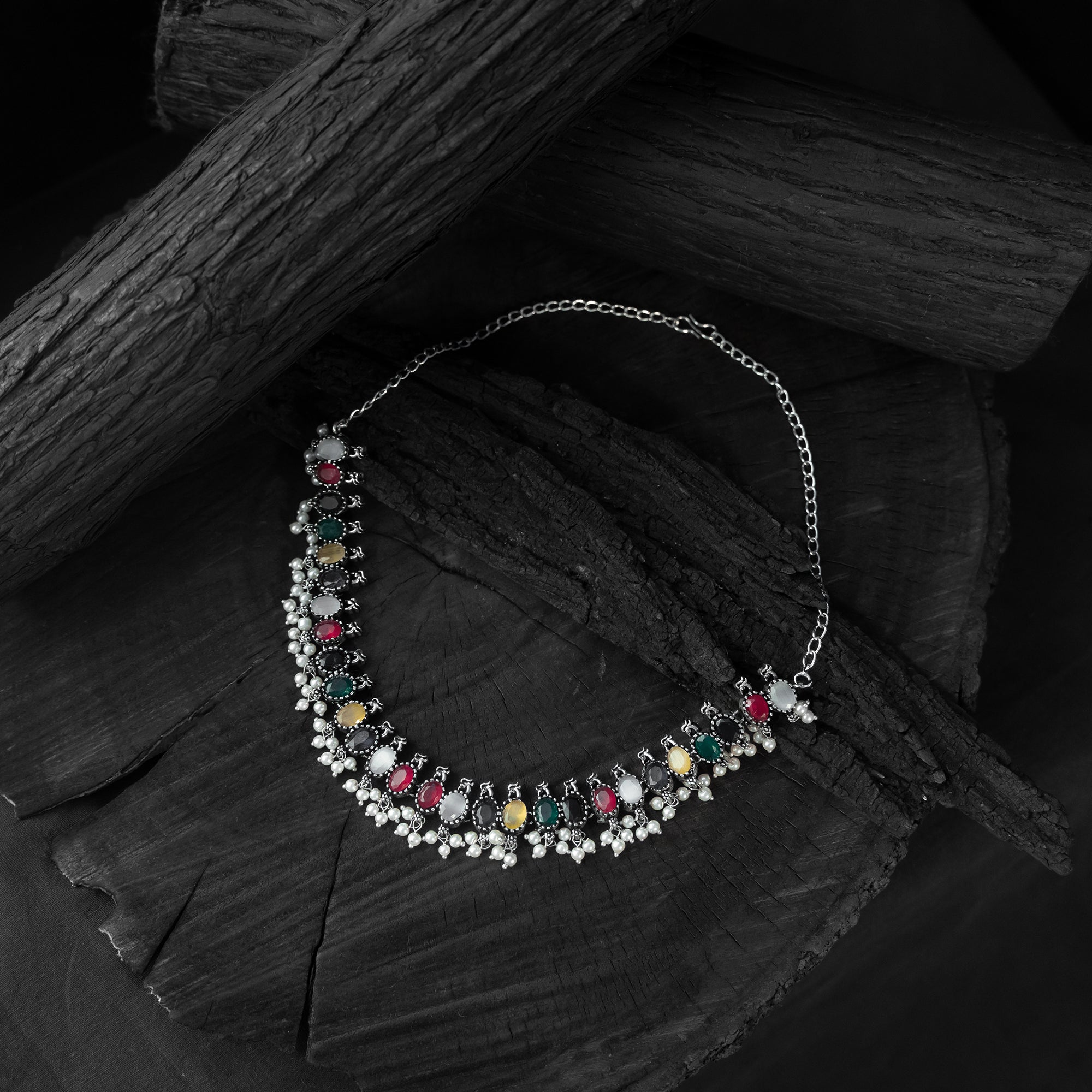 Saanjh Bela Multicolor Oval Oxidised Necklace Set