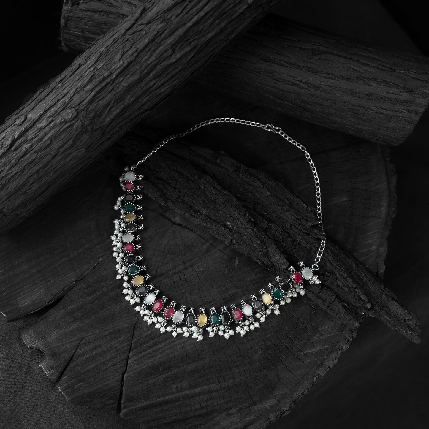 Saanjh Bela Multicolor Oval Oxidised Necklace Set