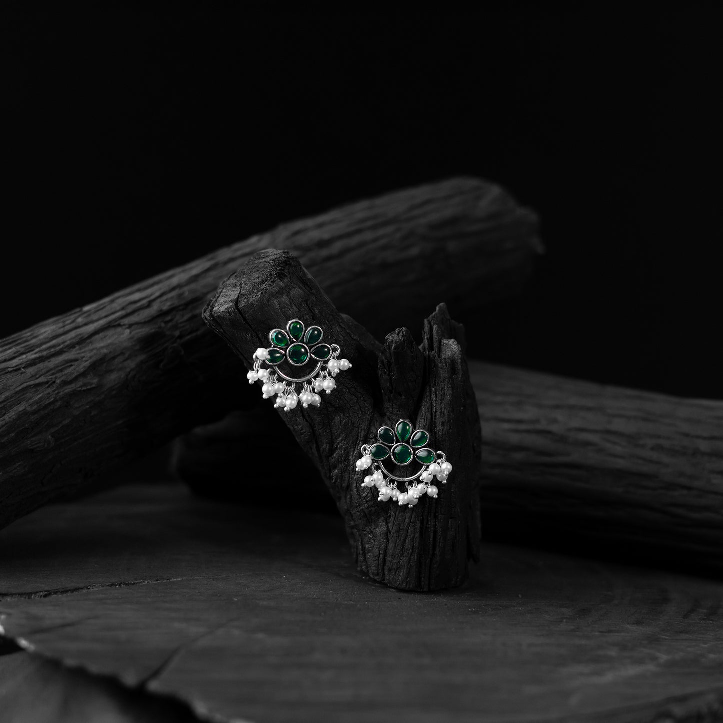Saanjh Bela Green Bloom Oxidised Earrings
