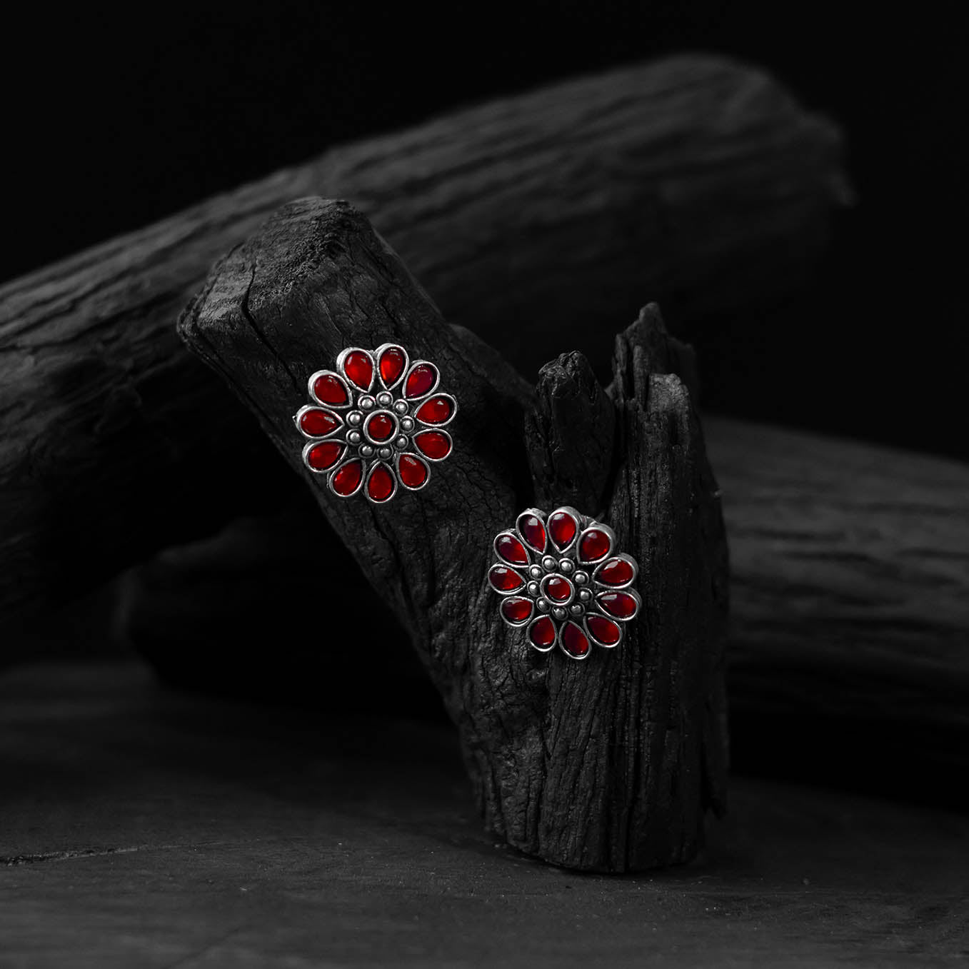 Saanjh Bela Ruby Lotus Oxidised Stud Earrings