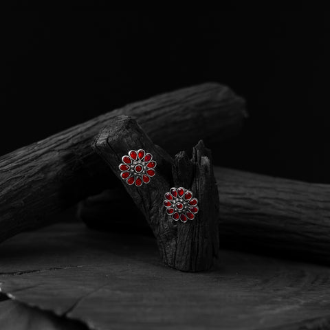 Saanjh Bela Ruby Lotus Oxidised Stud Earrings
