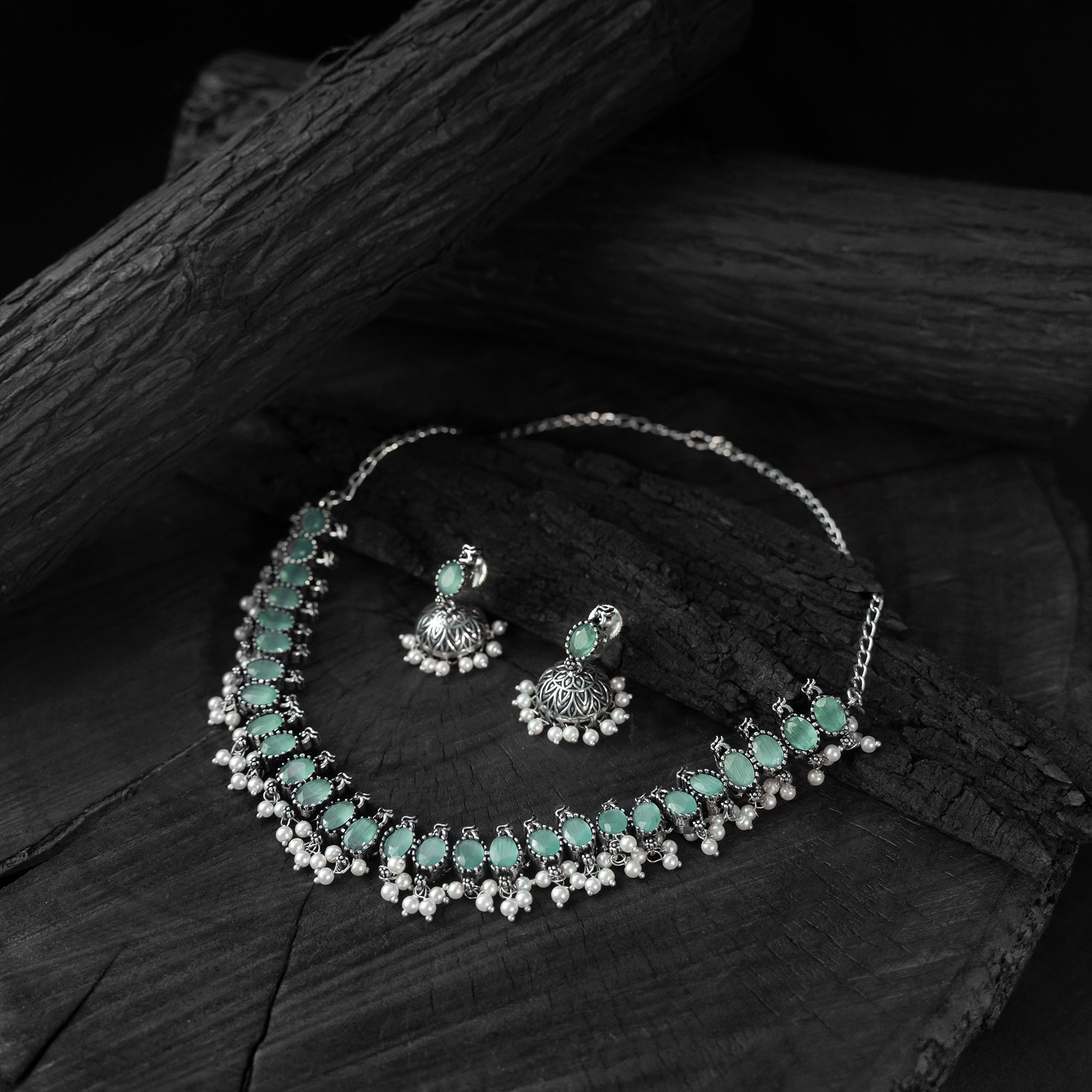 Saanjh Bela Sea Green Oval Oxidised Necklace Set