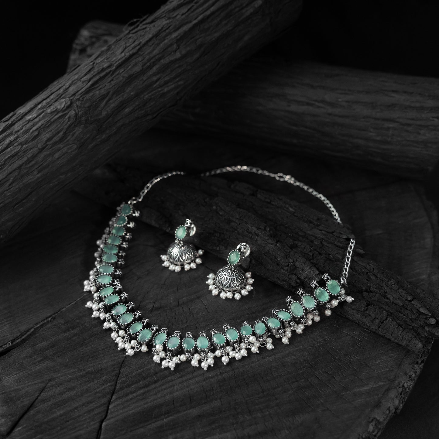 Saanjh Bela Sea Green Oval Oxidised Necklace Set