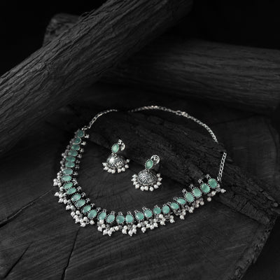 Saanjh Bela Sea Green Oval Oxidised Necklace Set