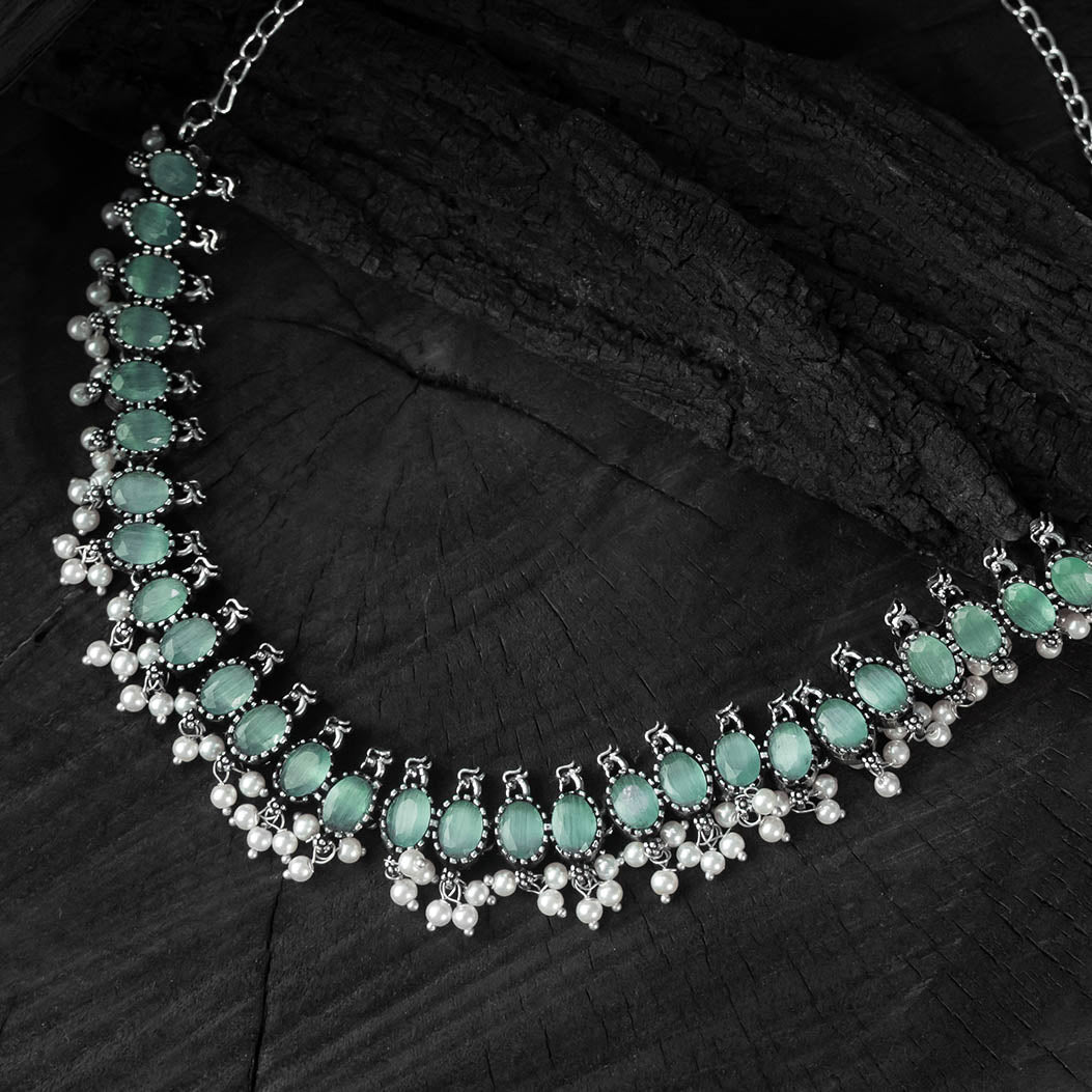 Saanjh Bela Sea Green Oval Oxidised Necklace Set