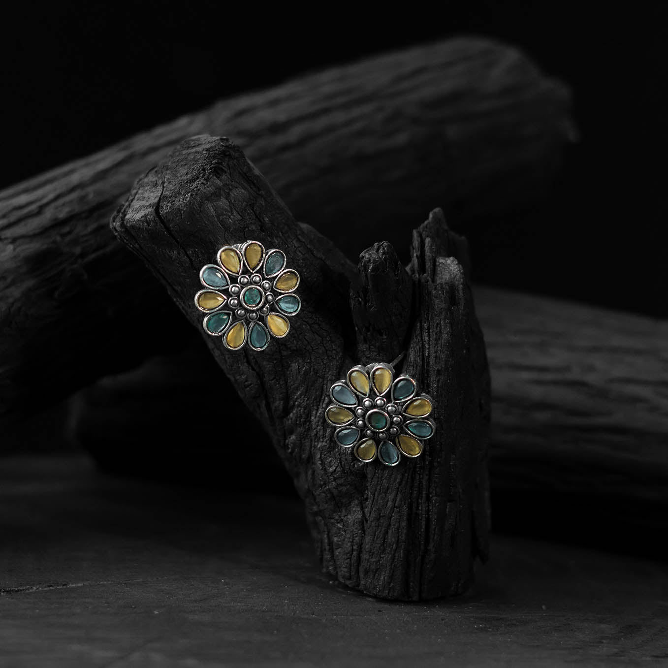 Saanjh Bela Yellow & Blue Lotus Oxidised Stud Earrings
