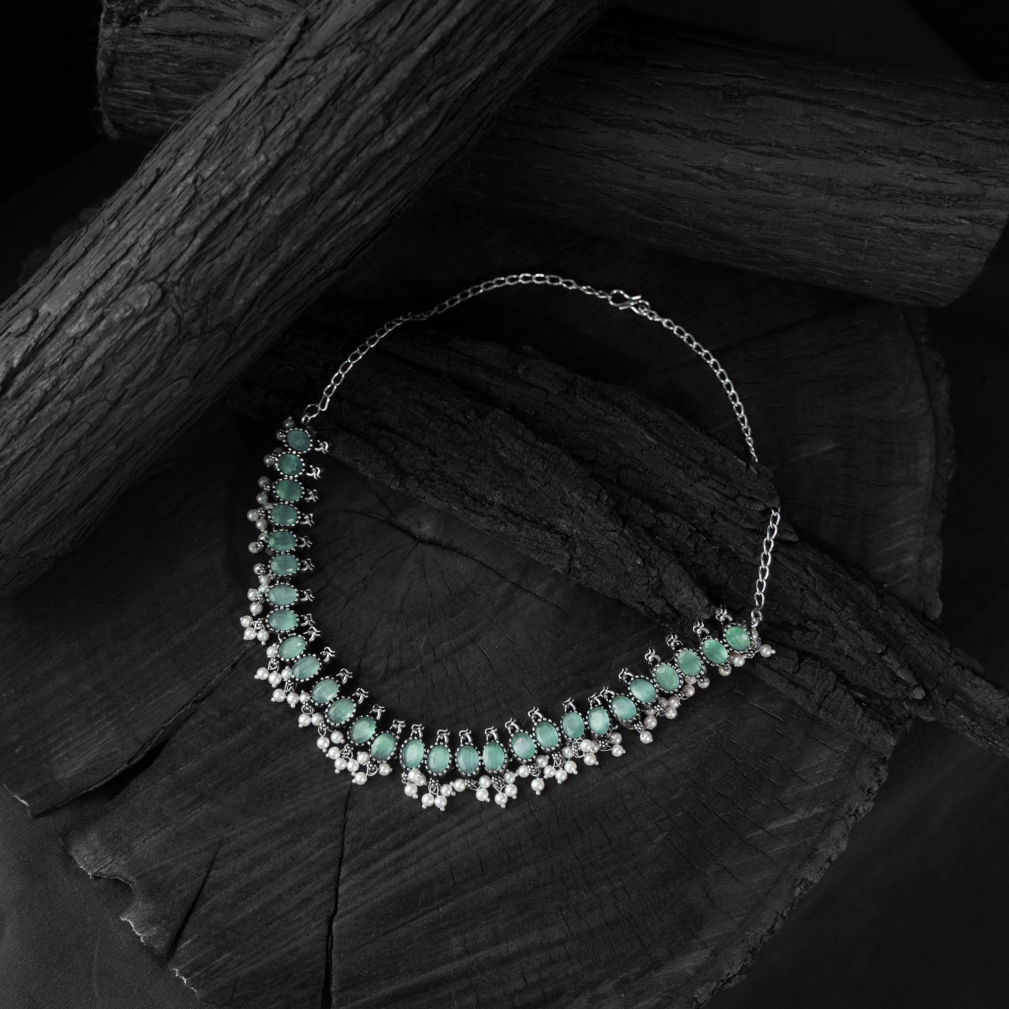 Saanjh Bela Sea Green Oval Oxidised Necklace Set