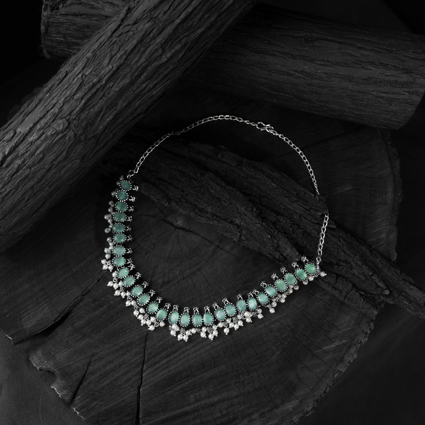 Saanjh Bela Sea Green Oval Oxidised Necklace Set