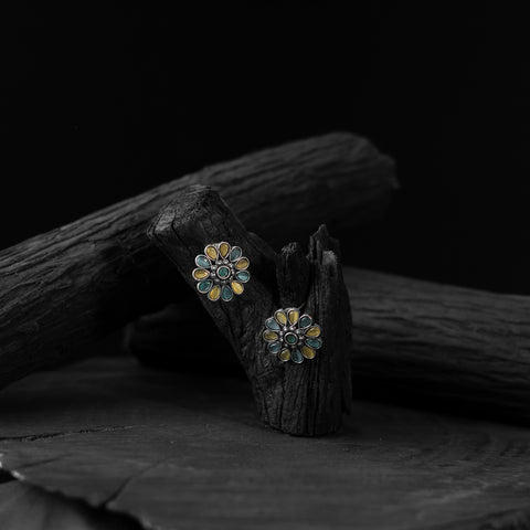 Saanjh Bela Yellow & Blue Lotus Oxidised Stud Earrings