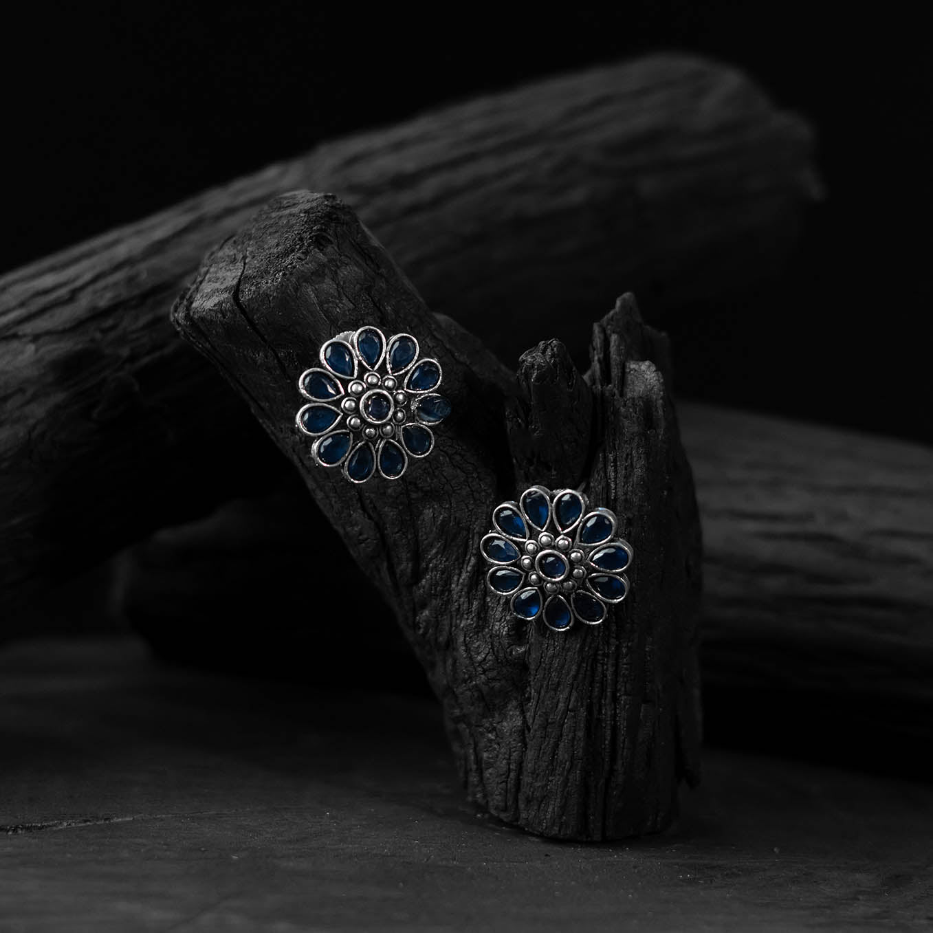 Saanjh Bela Blue Lotus Oxidised Stud Earrings