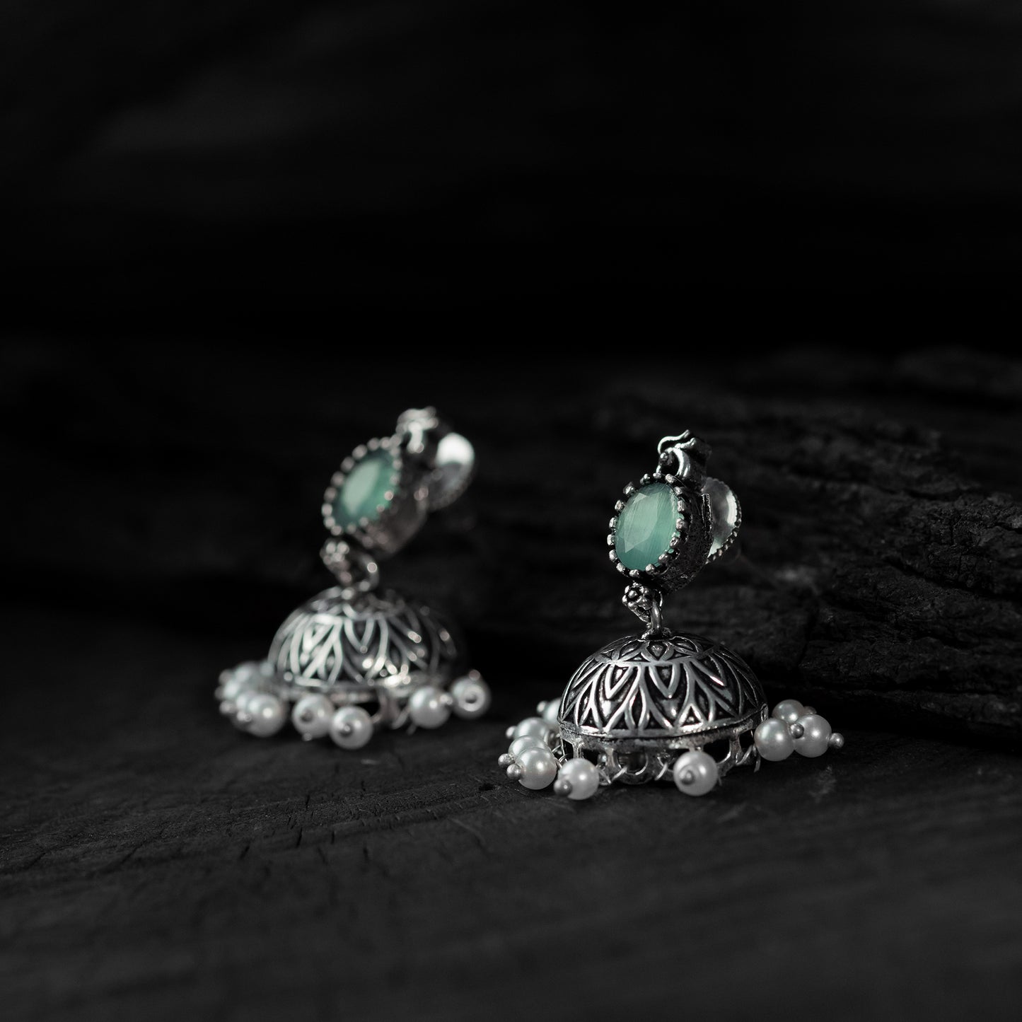Saanjh Bela Sea Green Oval Oxidised Necklace Set
