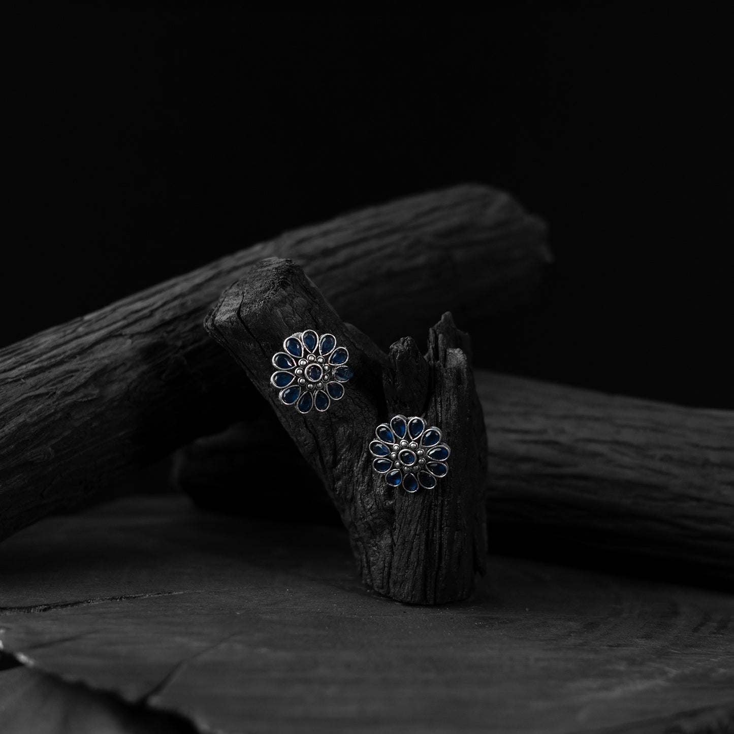 Saanjh Bela Blue Lotus Oxidised Stud Earrings