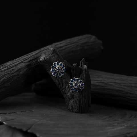 Saanjh Bela Blue Lotus Oxidised Stud Earrings