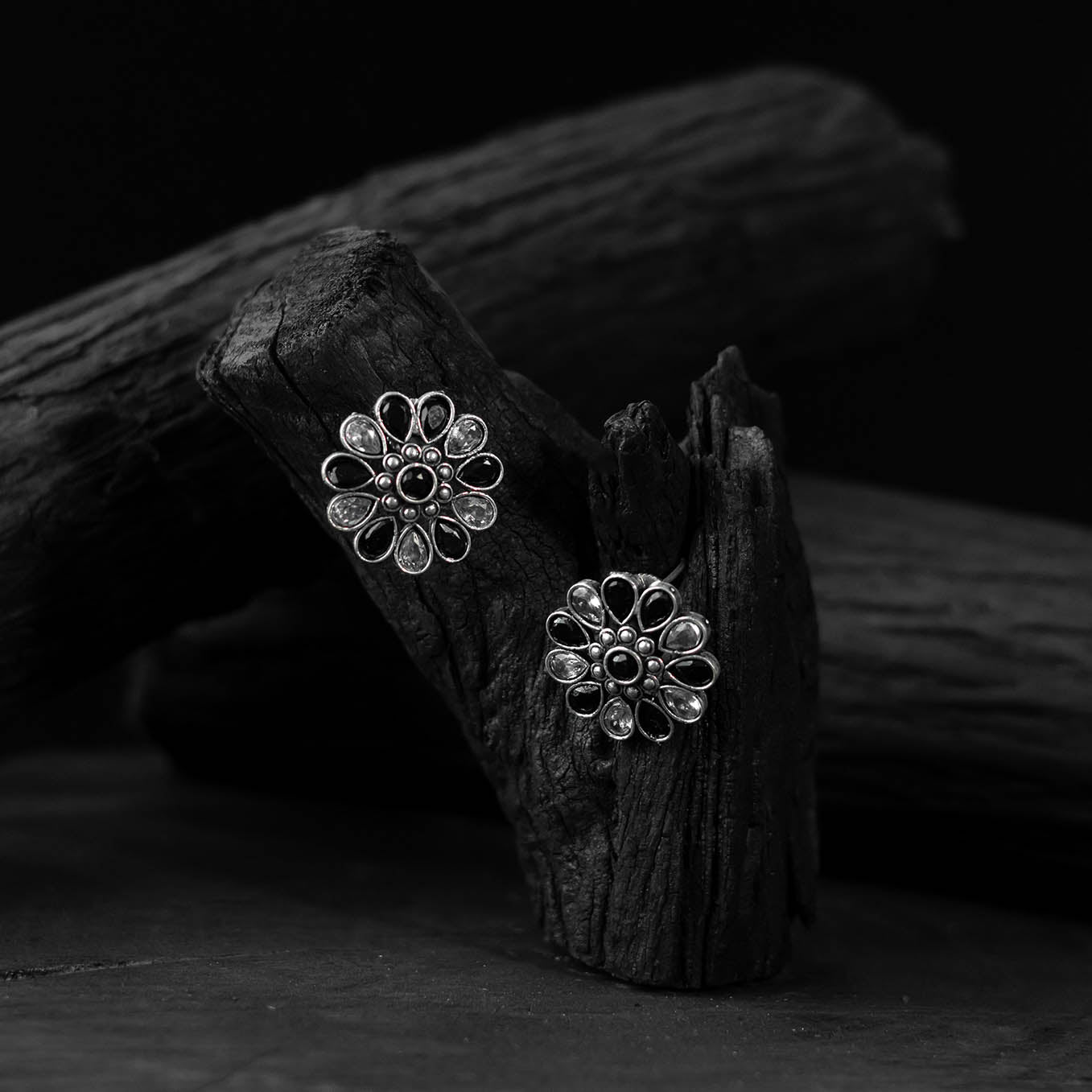 Saanjh Bela Black Lotus Oxidised Stud Earrings