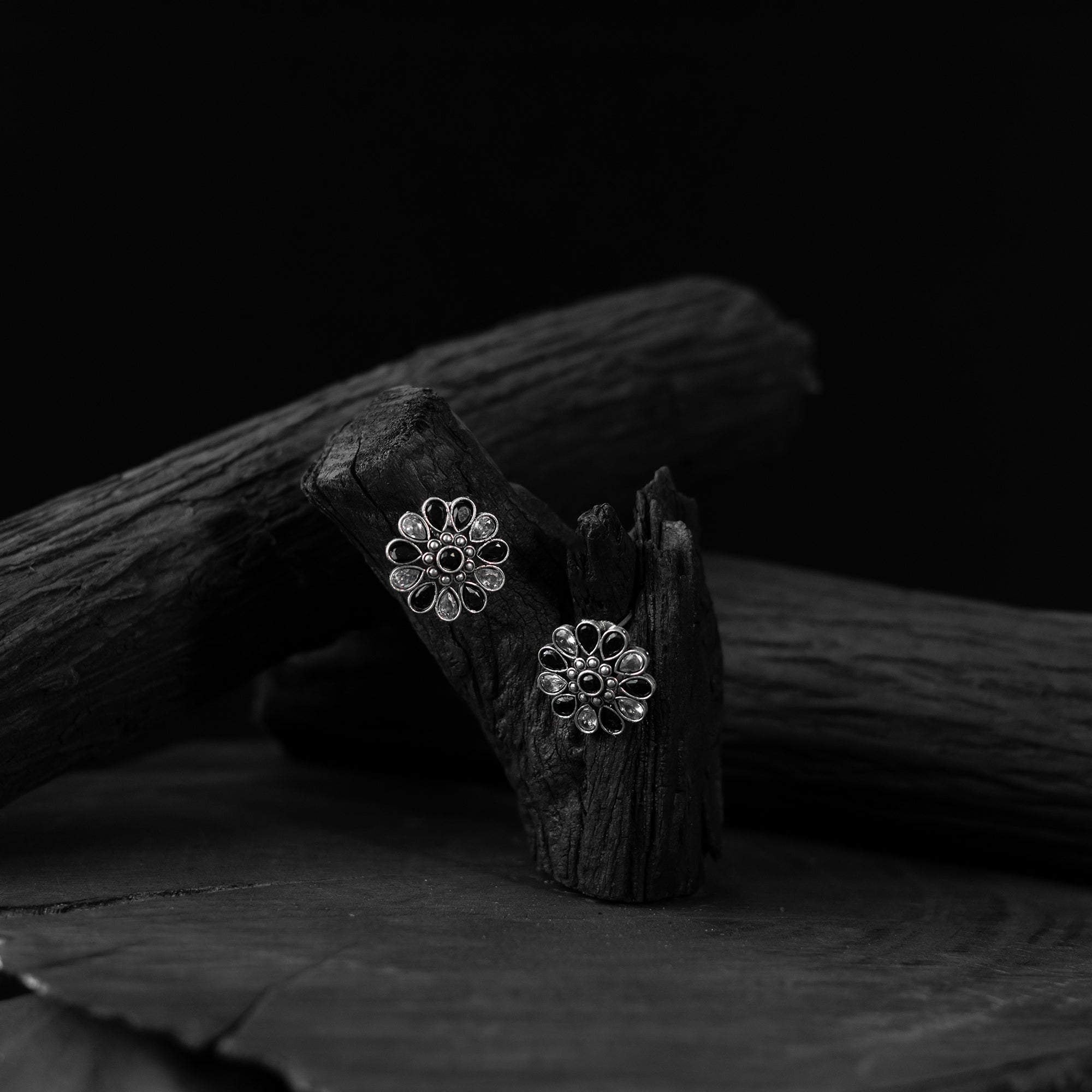 Saanjh Bela Black Lotus Oxidised Stud Earrings