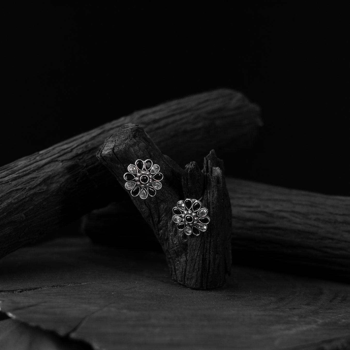 Saanjh Bela Black Lotus Oxidised Stud Earrings