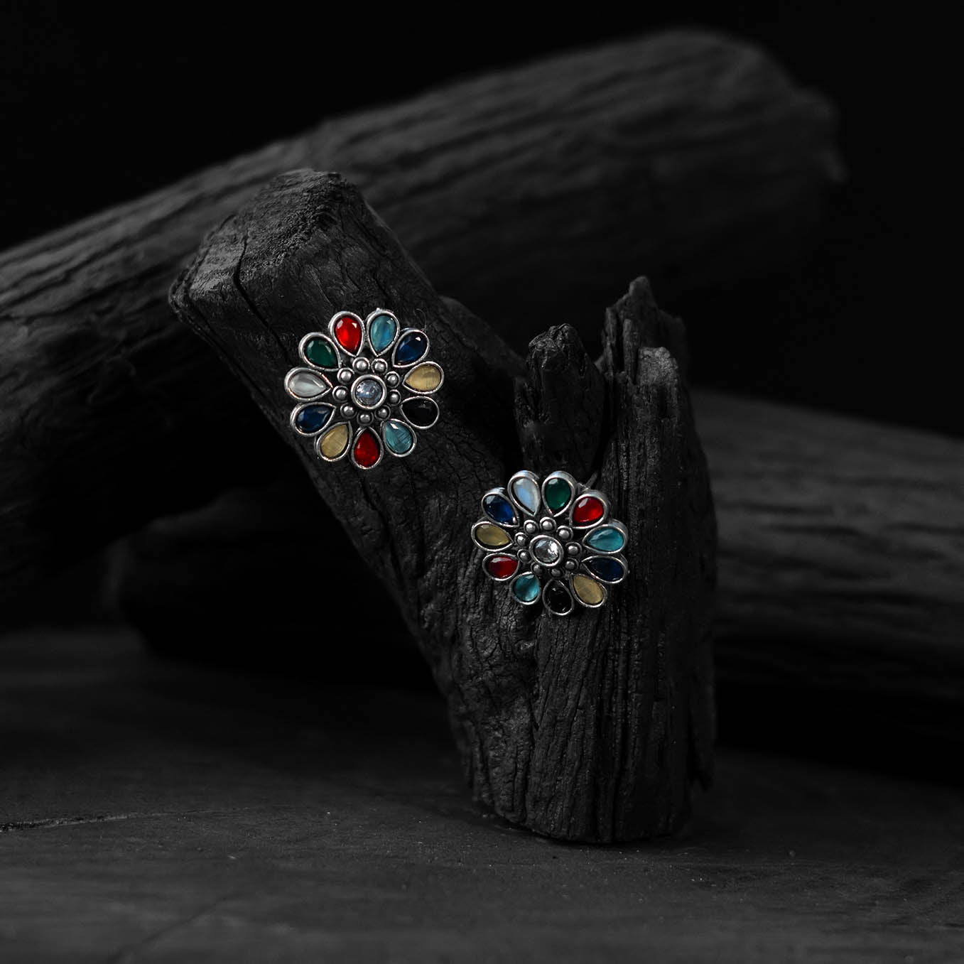 Saanjh Bela Multicolor Lotus Oxidised Stud Earrings