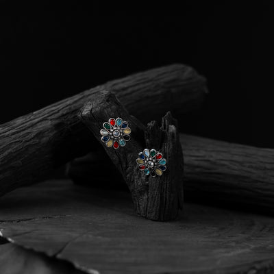 Saanjh Bela Multicolor Lotus Oxidised Stud Earrings
