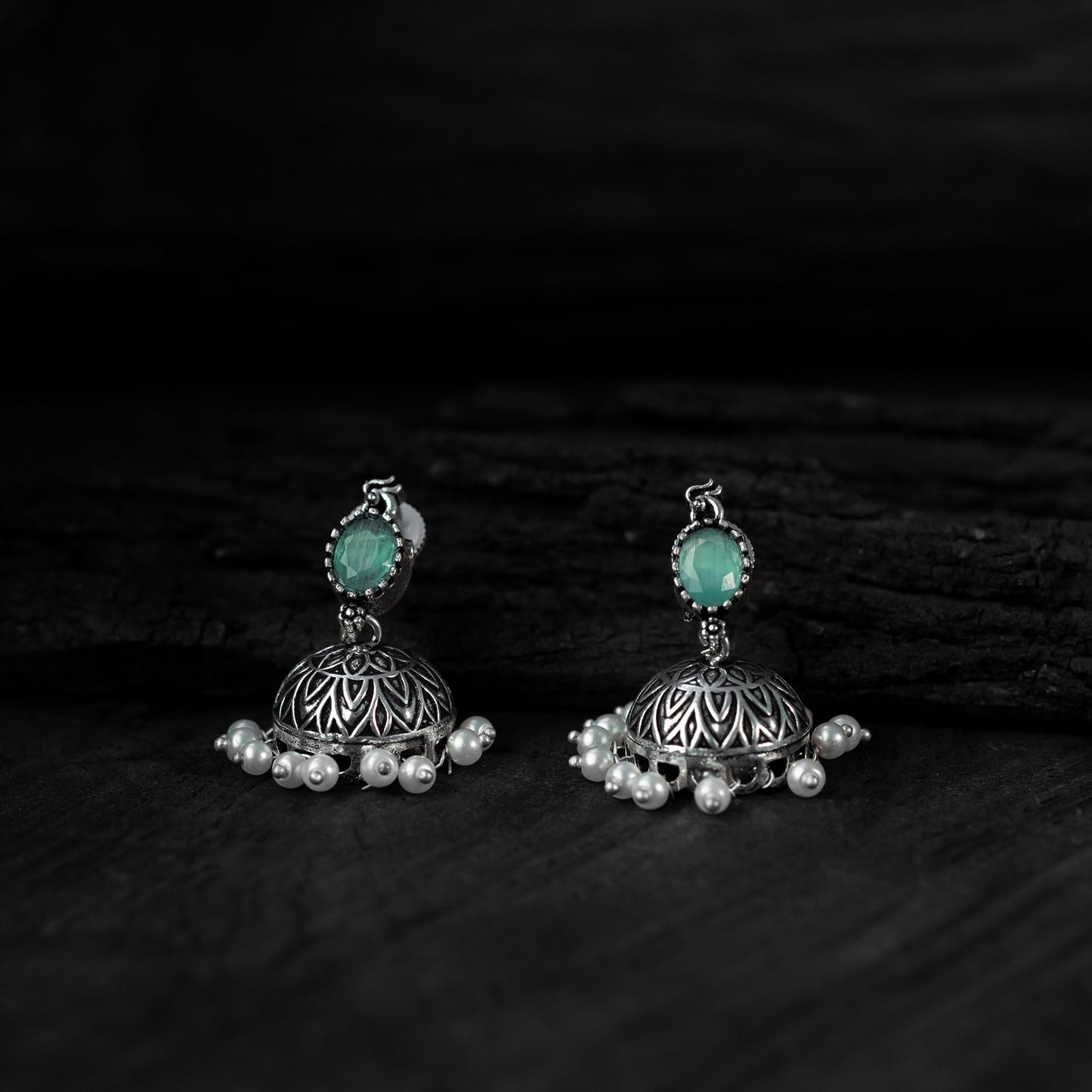 Saanjh Bela Sea Green Oval Oxidised Necklace Set