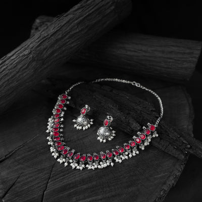 Saanjh Bela Ruby Oval Oxidised Necklace Set