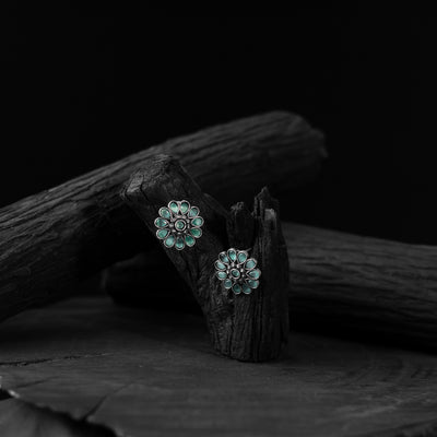 Saanjh Bela Mint Green Lotus Oxidised Stud Earrings