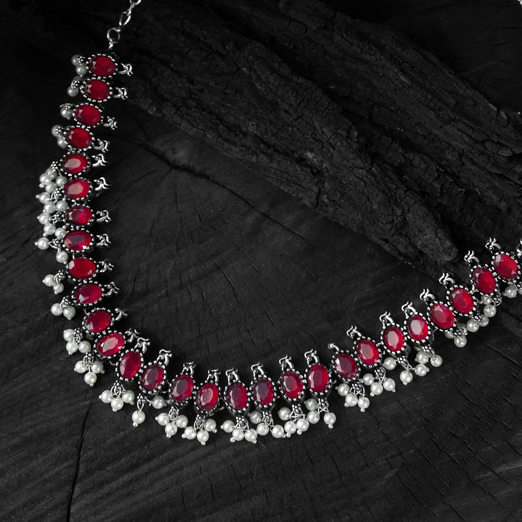Saanjh Bela Ruby Oval Oxidised Necklace Set