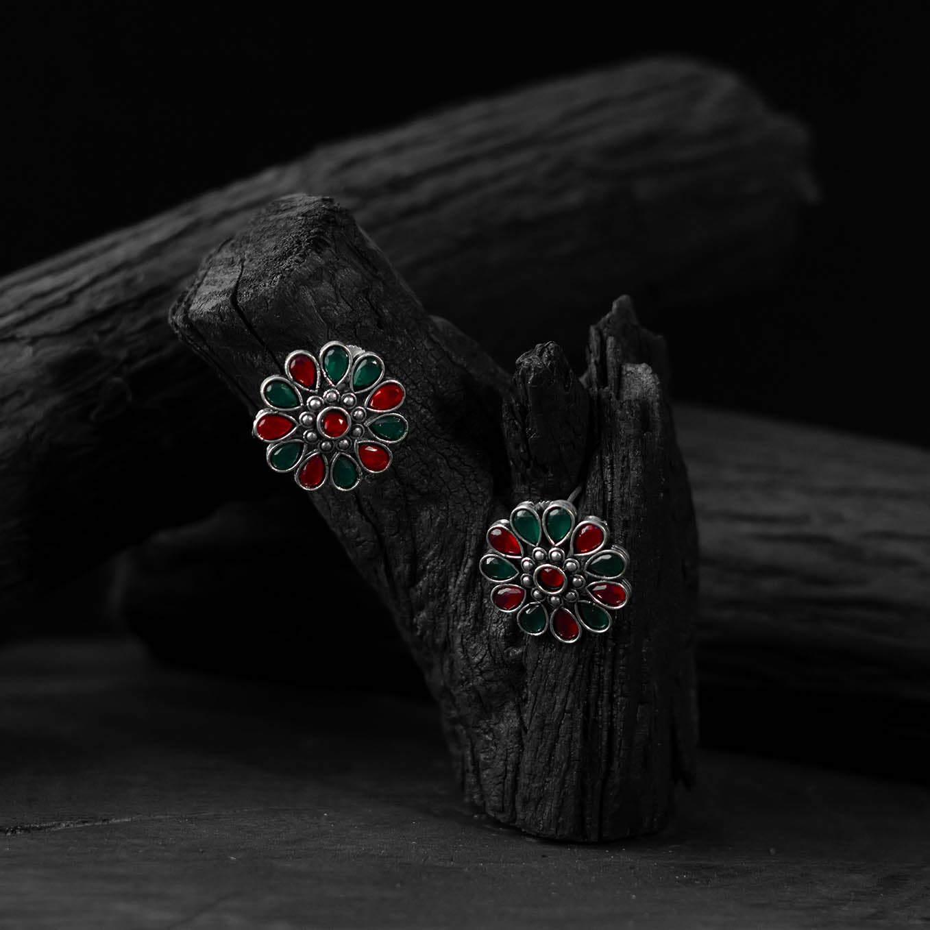 Saanjh Bela Green & Red Lotus Oxidised Stud Earrings