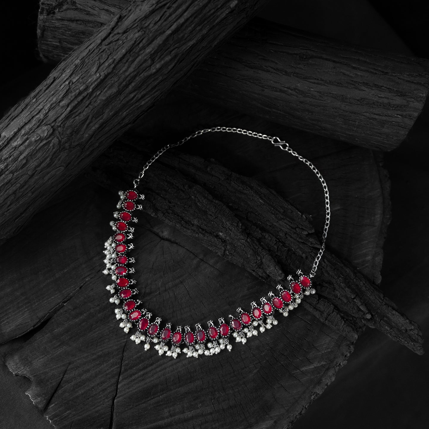 Saanjh Bela Ruby Oval Oxidised Necklace Set