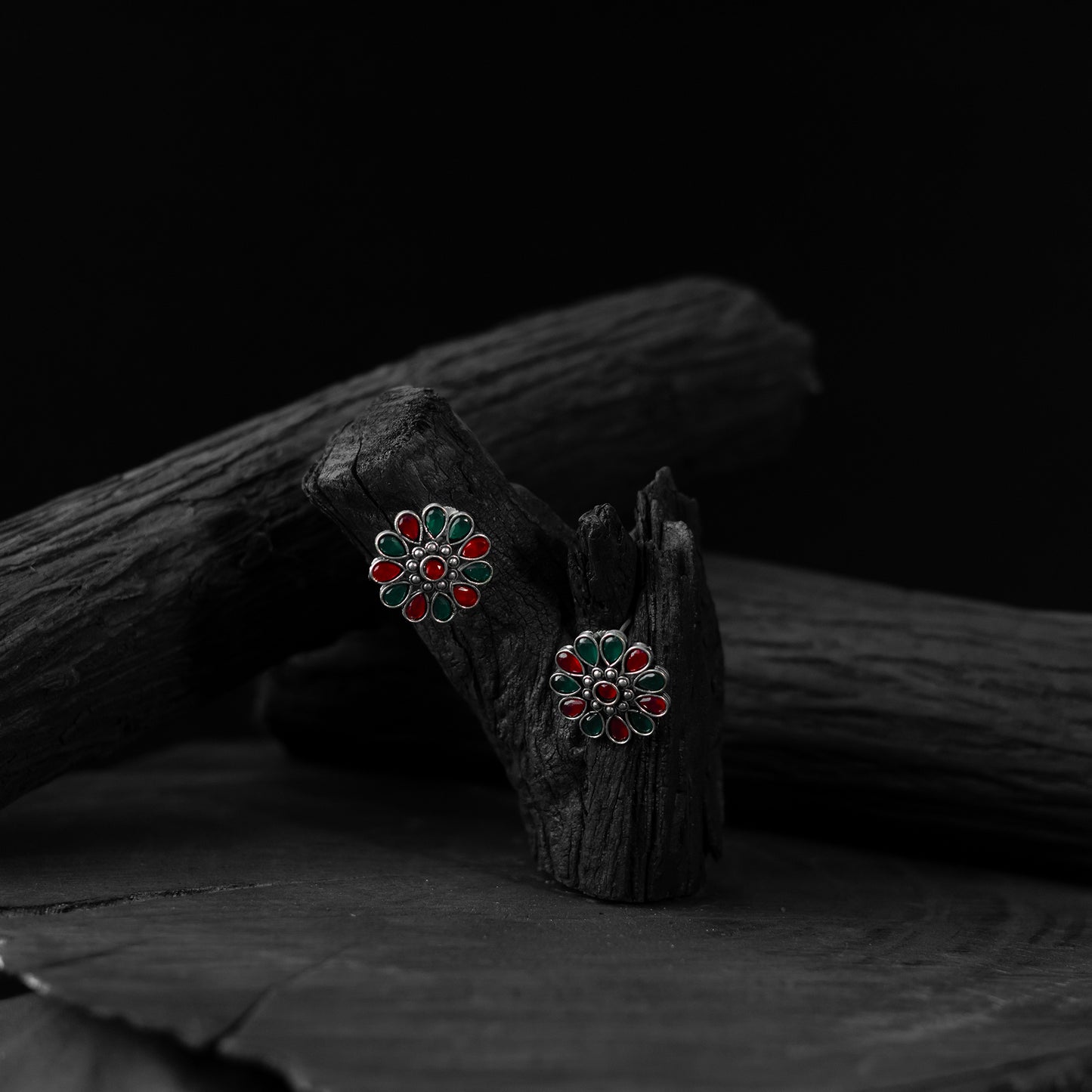 Saanjh Bela Green & Red Lotus Oxidised Stud Earrings