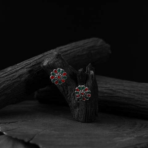 Saanjh Bela Green & Red Lotus Oxidised Stud Earrings