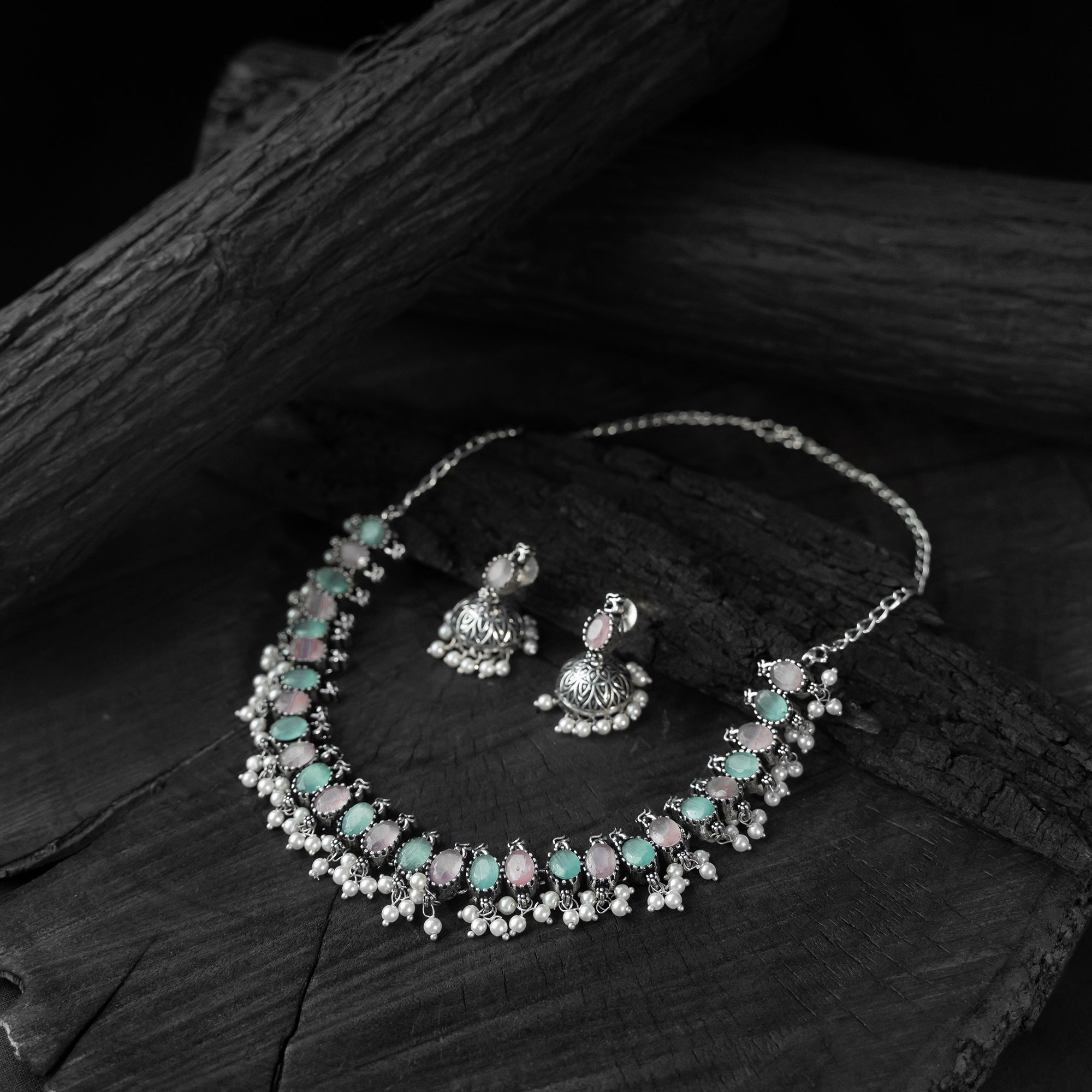 Saanjh Bela Pink & Green Oval Oxidised Necklace Set