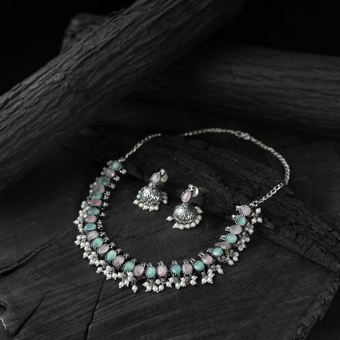 Saanjh Bela Pink & Green Oval Oxidised Necklace Set
