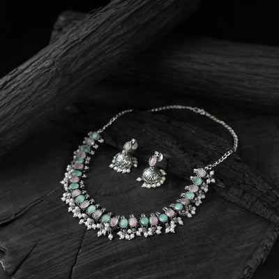 Saanjh Bela Pink & Green Oval Oxidised Necklace Set