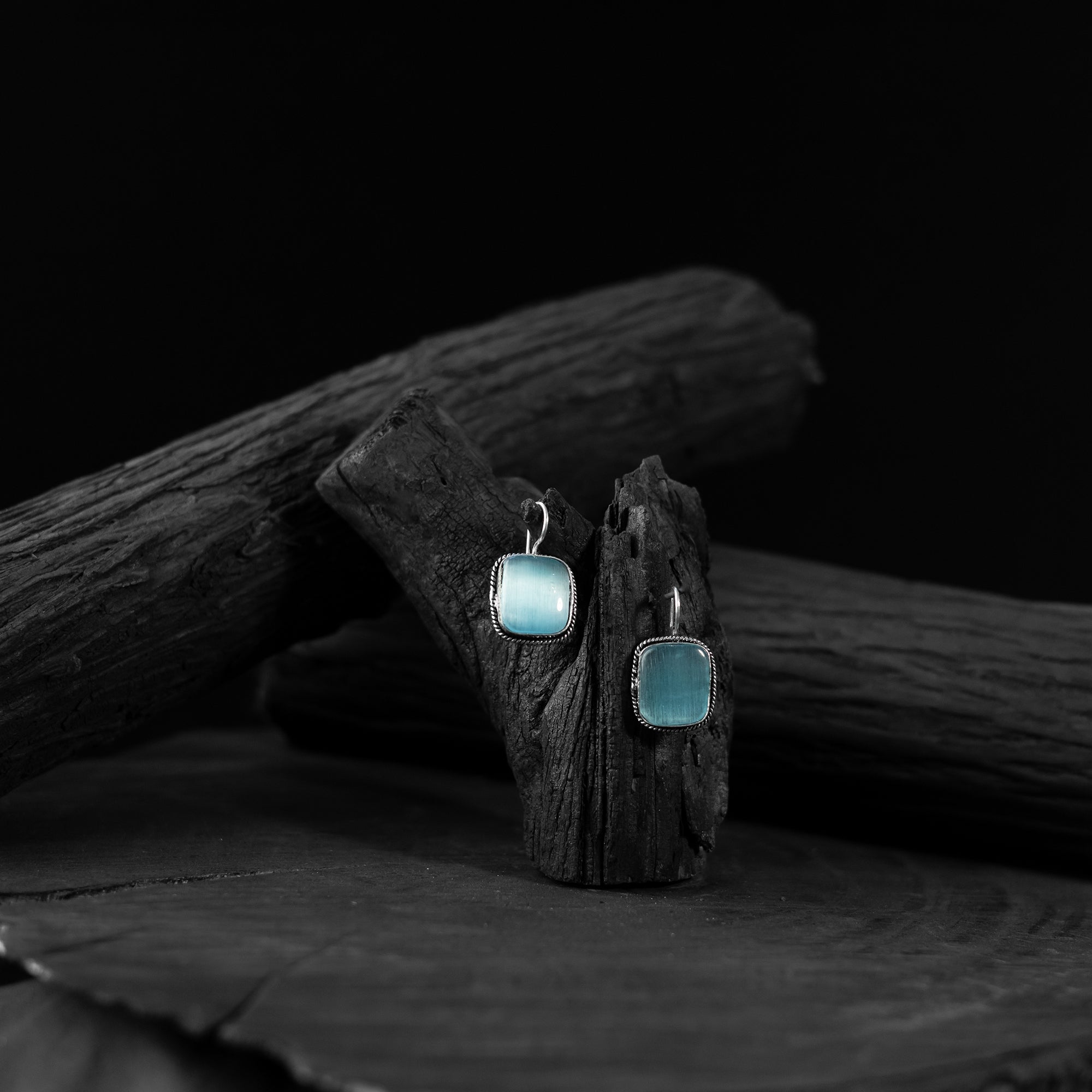 Saanjh Bela Sky Blue Square Shape Oxidised Drop Earrings