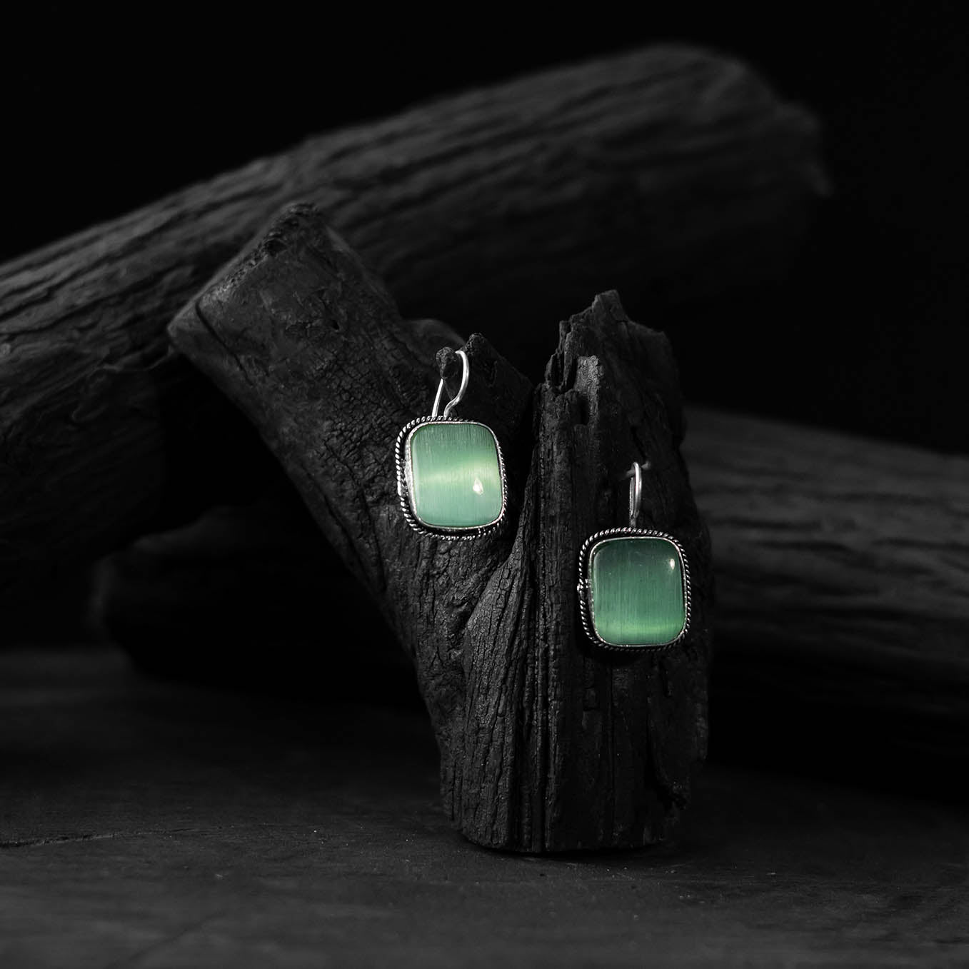 Saanjh Bela Mint Green Square Shape Oxidised Drop Earrings
