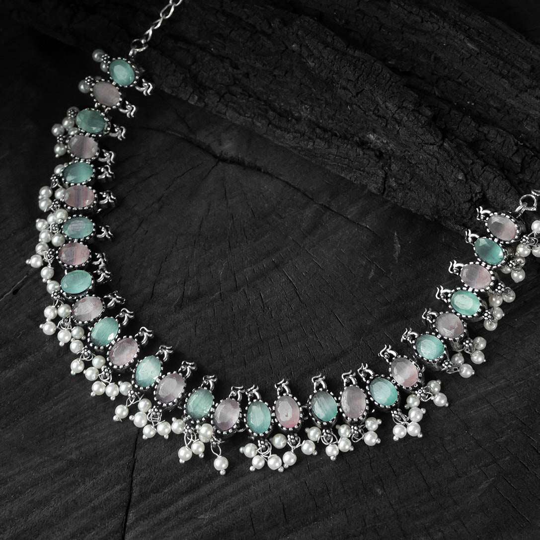 Saanjh Bela Pink & Green Oval Oxidised Necklace Set
