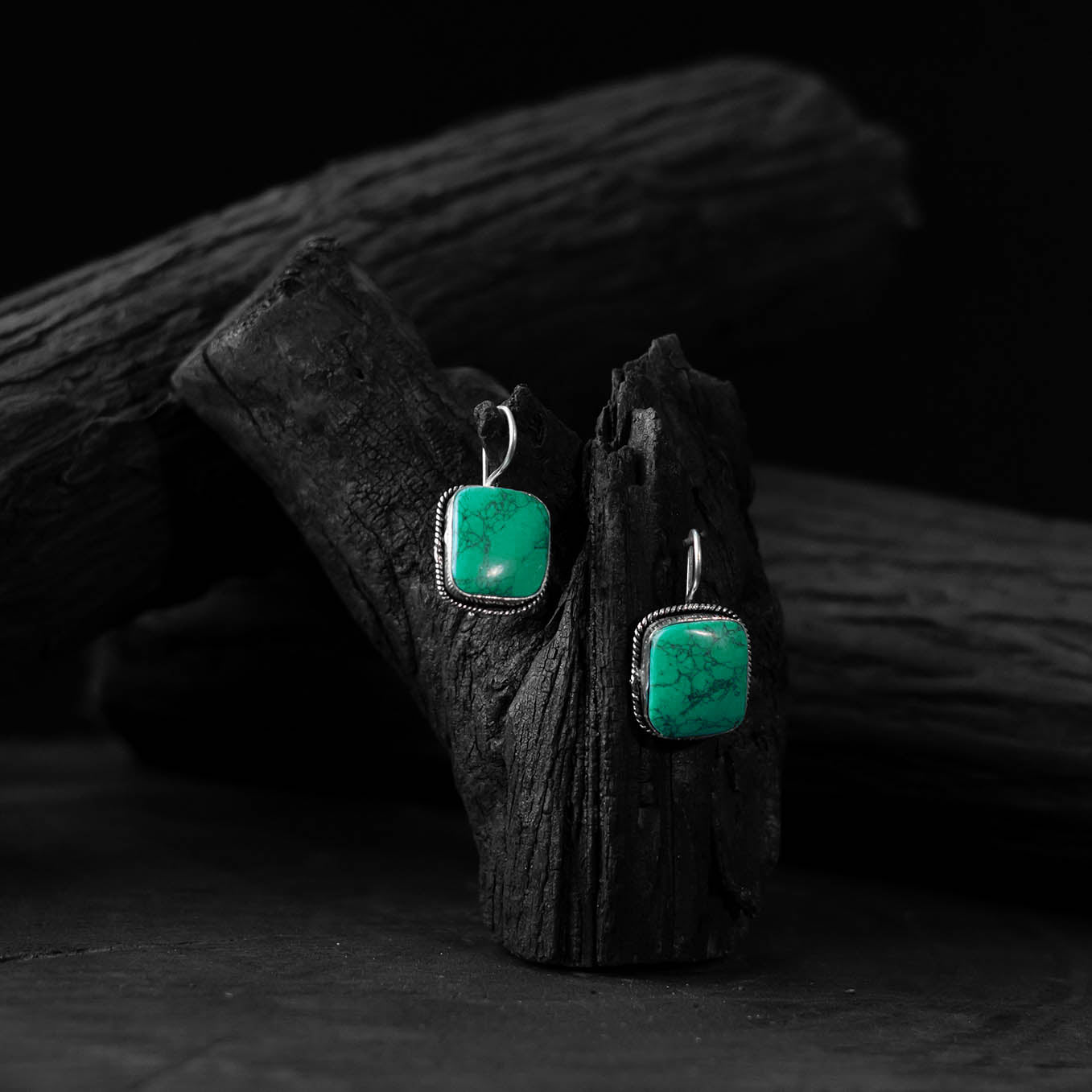 Saanjh Bela Sea Green Square Shape Oxidised Drop Earrings