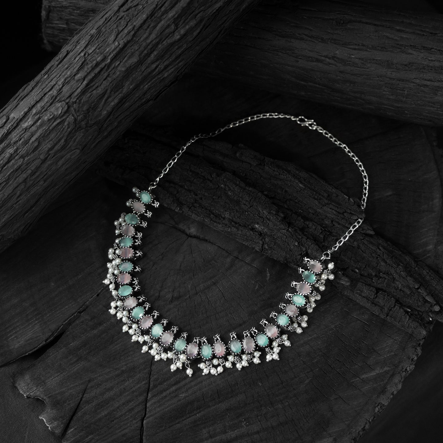 Saanjh Bela Pink & Green Oval Oxidised Necklace Set