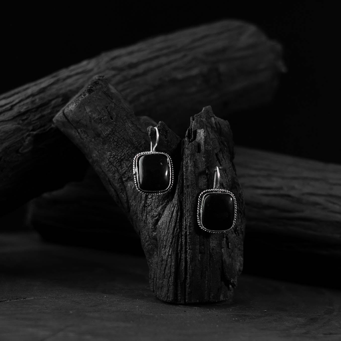 Saanjh Bela Black Square Shape Oxidised Drop Earrings