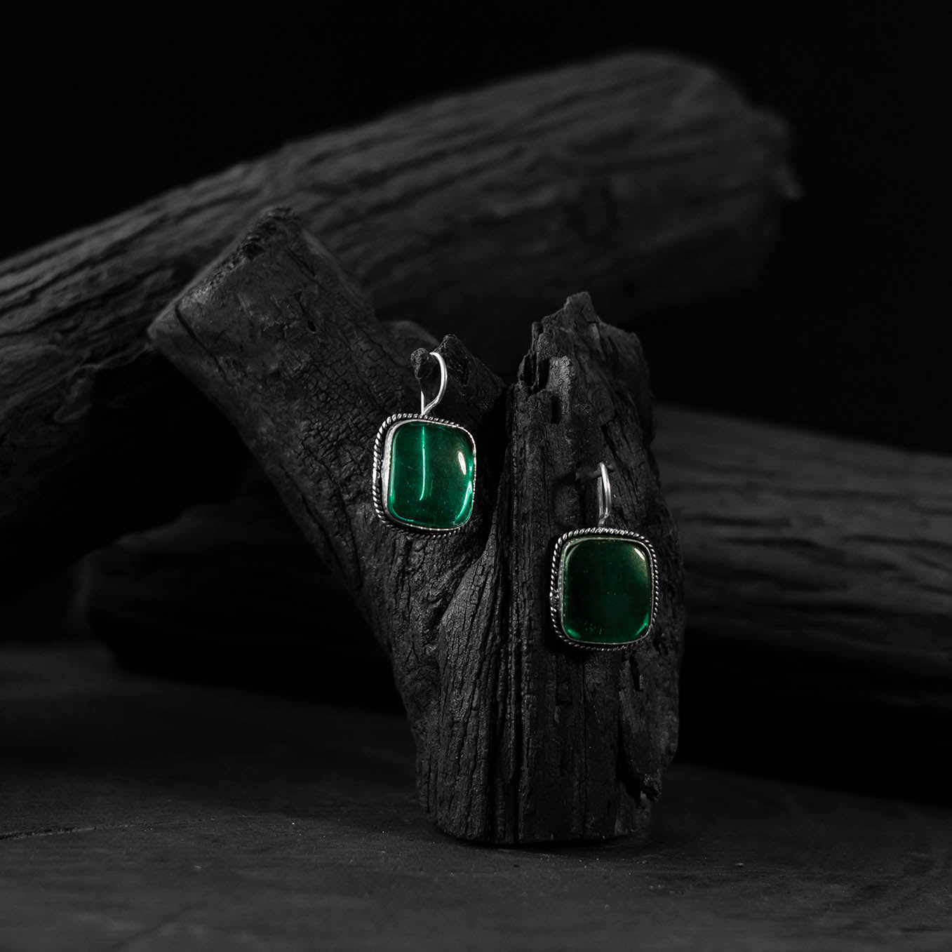 Saanjh Bela Green Square Shape Oxidised Drop Earrings