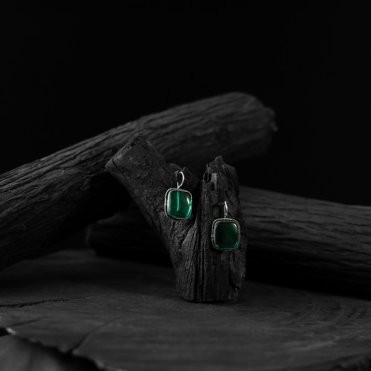 Saanjh Bela Green Square Shape Oxidised Drop Earrings