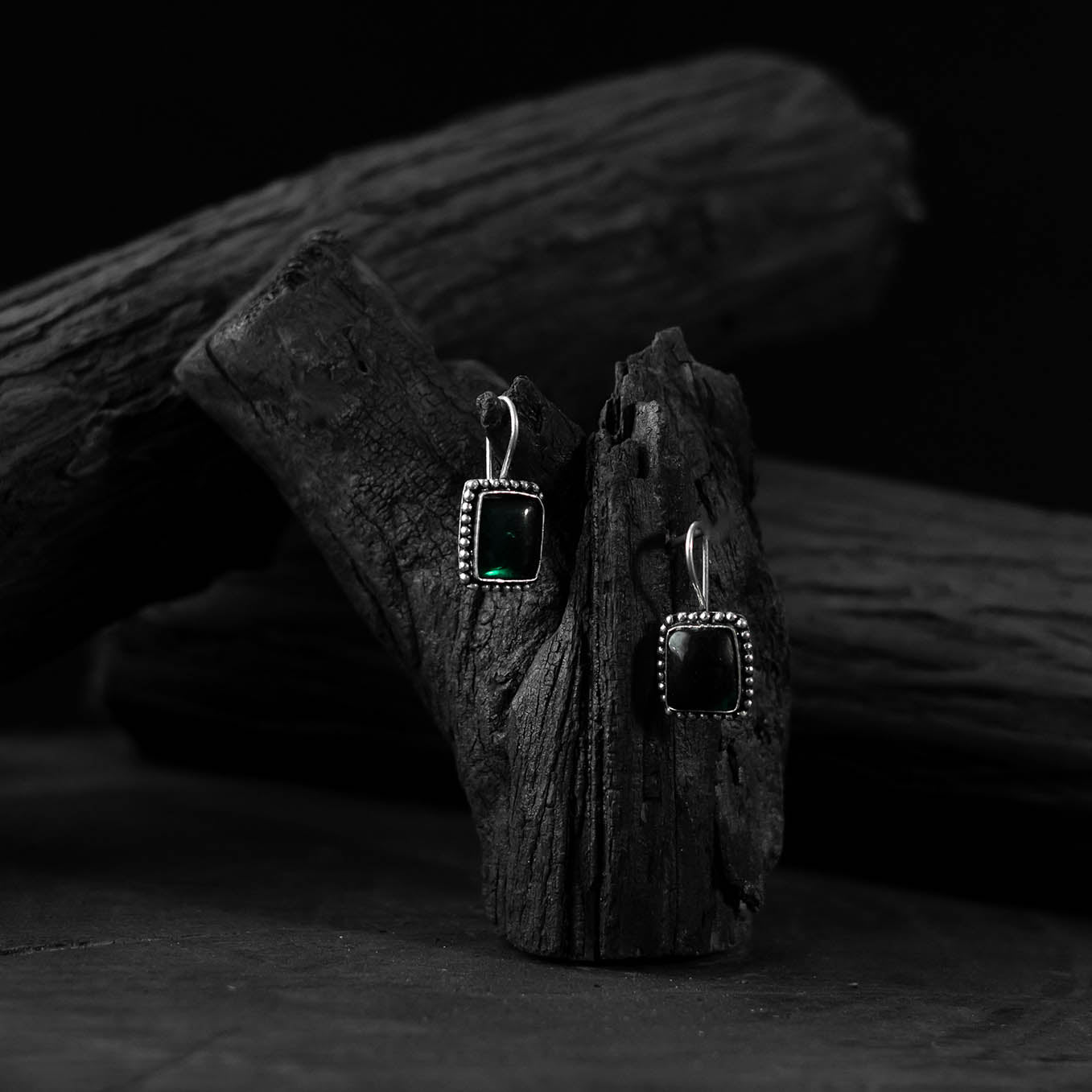 Saanjh Bela Square Shape Green Oxidised Drop Earrings