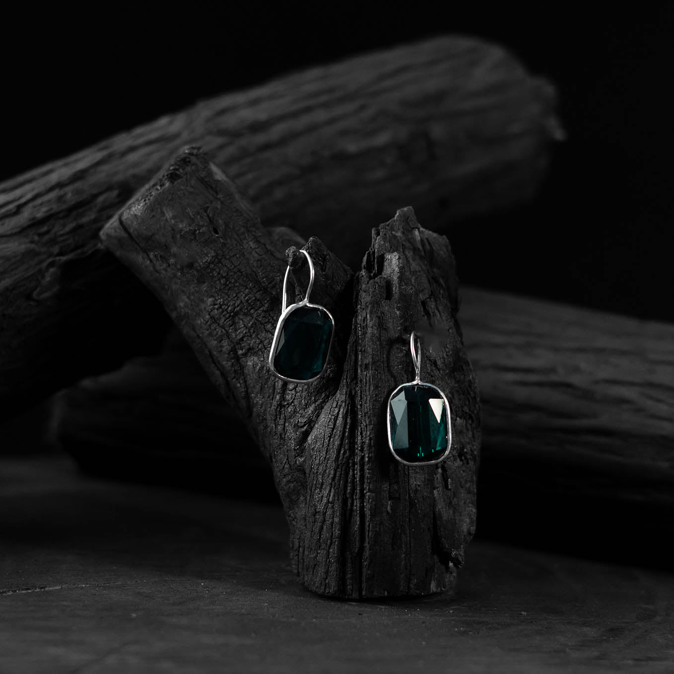 Saanjh Bela Green Stone Oxidised Drop Earrings