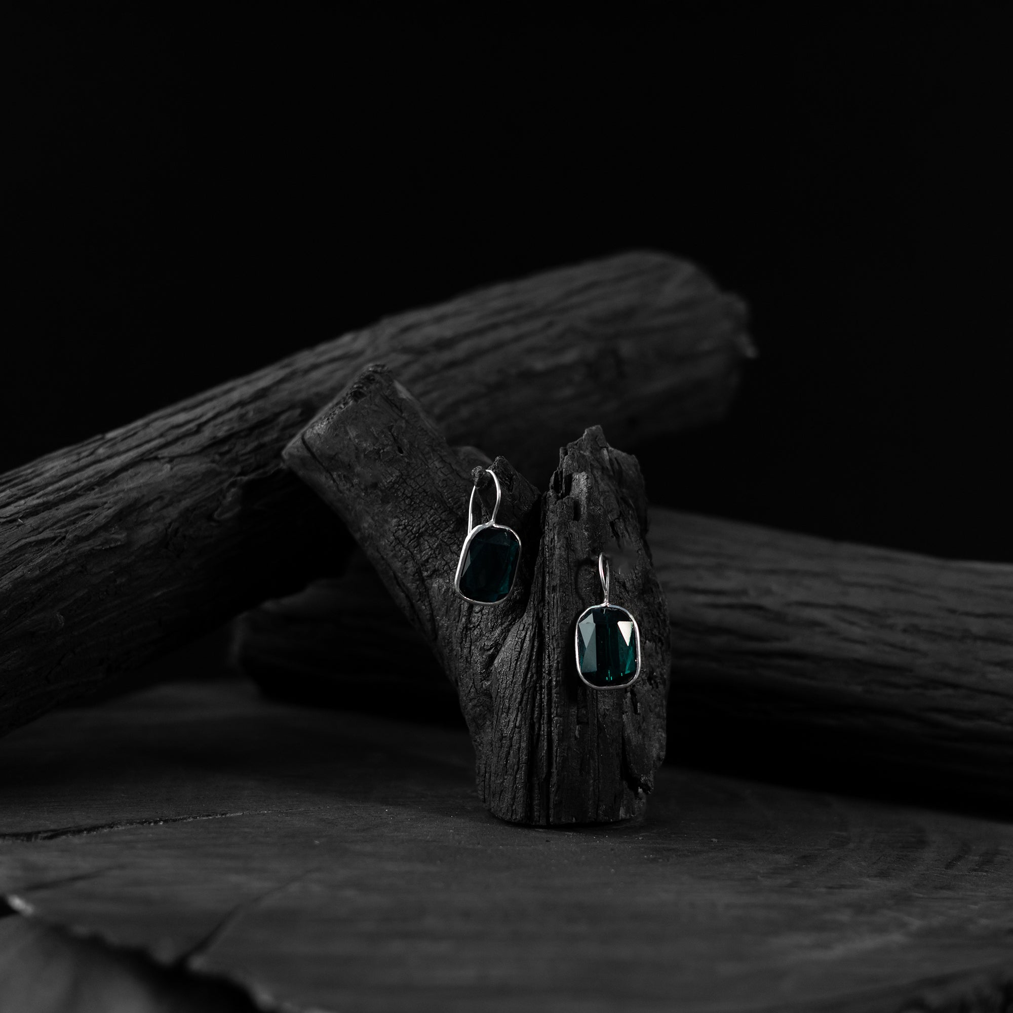 Saanjh Bela Green Stone Oxidised Drop Earrings