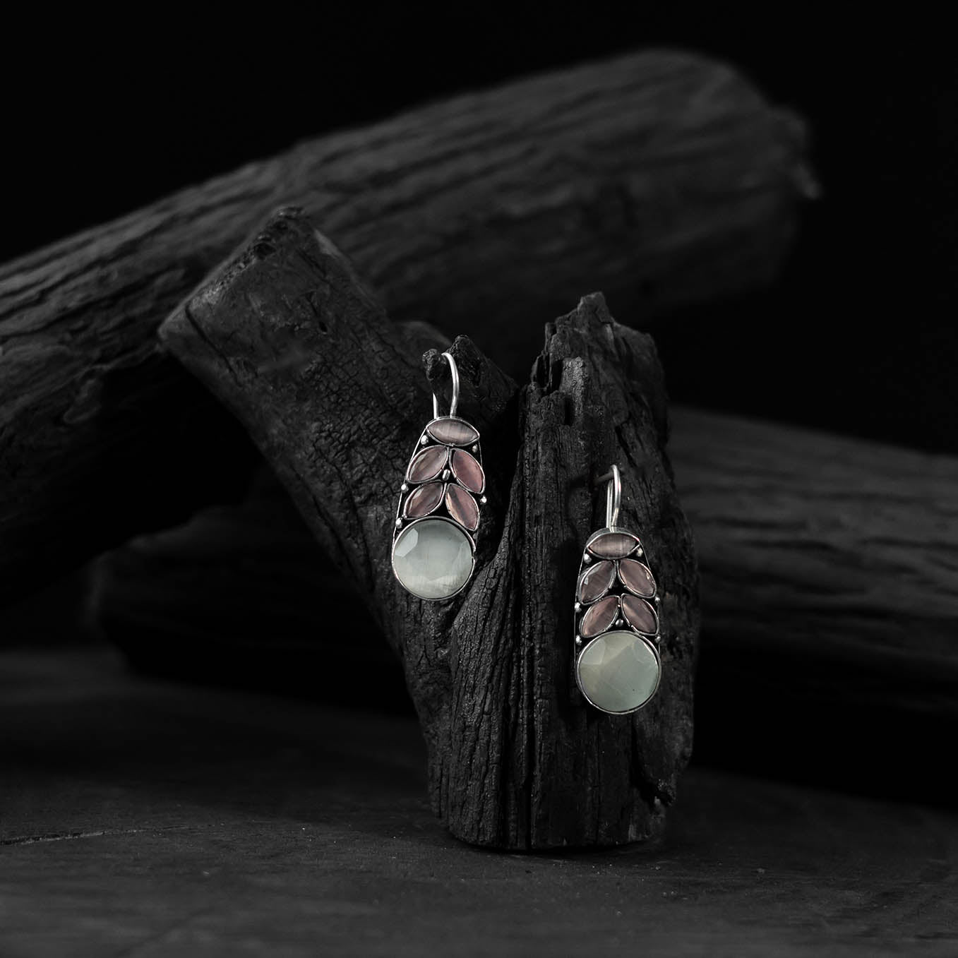 Saanjh Bela Pink Leaf Oxidised Drop Earrings