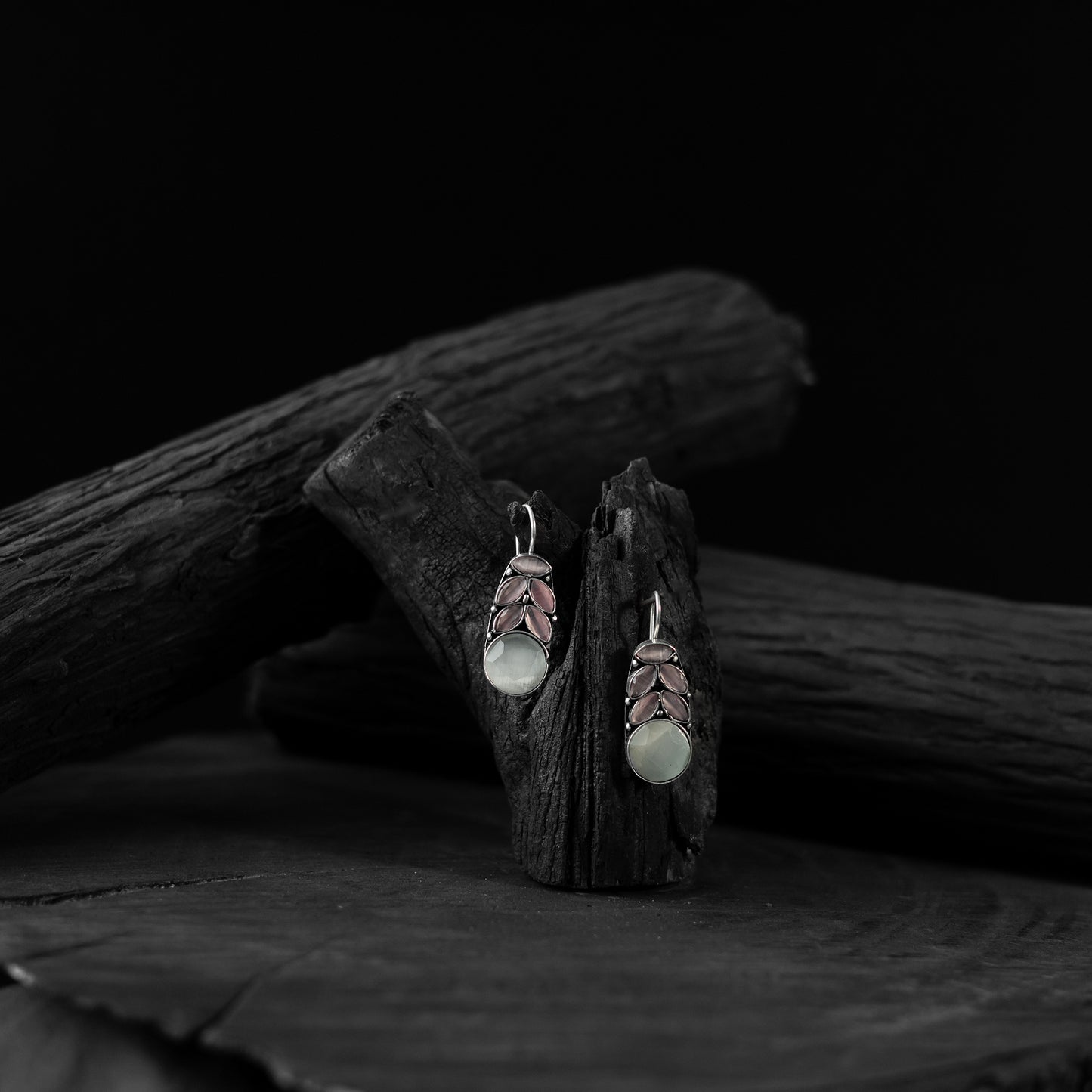 Saanjh Bela Pink Leaf Oxidised Drop Earrings