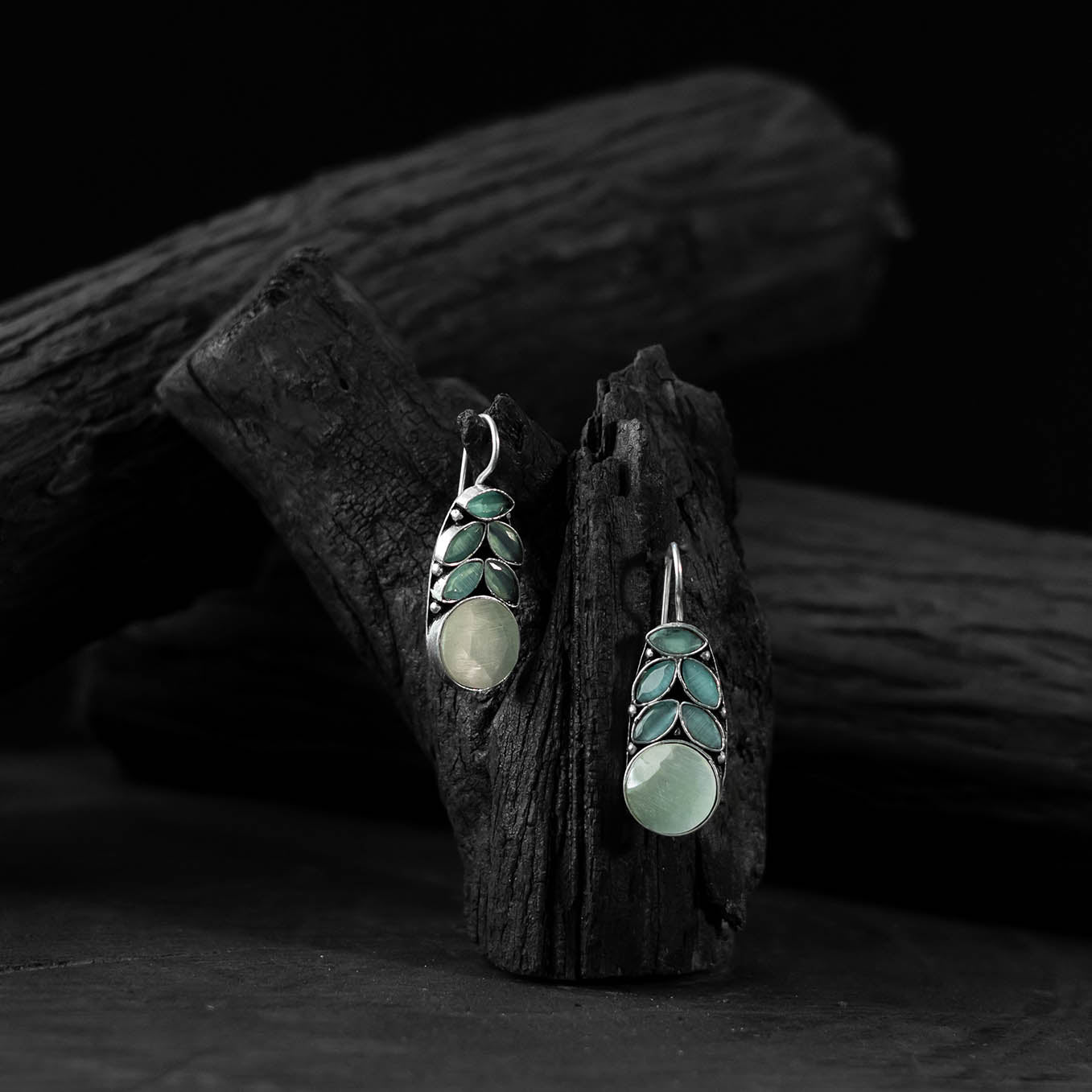 Saanjh Bela Mint Green Leaf Oxidised Drop Earrings
