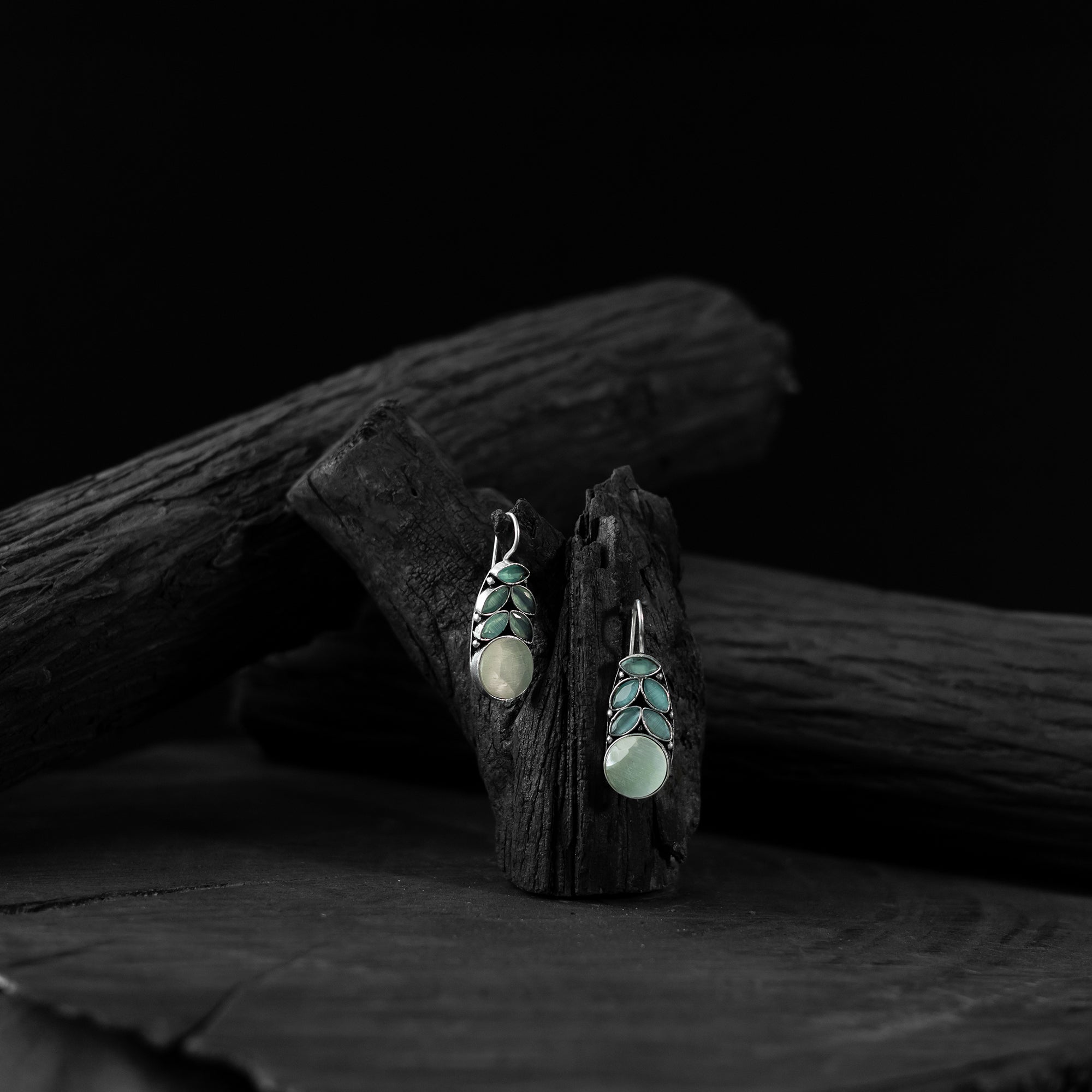 Saanjh Bela Mint Green Leaf Oxidised Drop Earrings