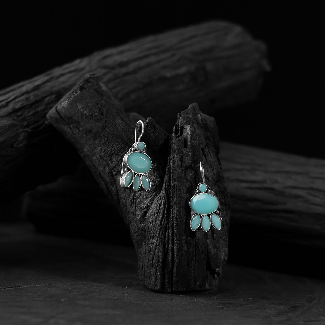 Saanjh Bela Turquoise Blue Leaf Oxidised Drop Earrings