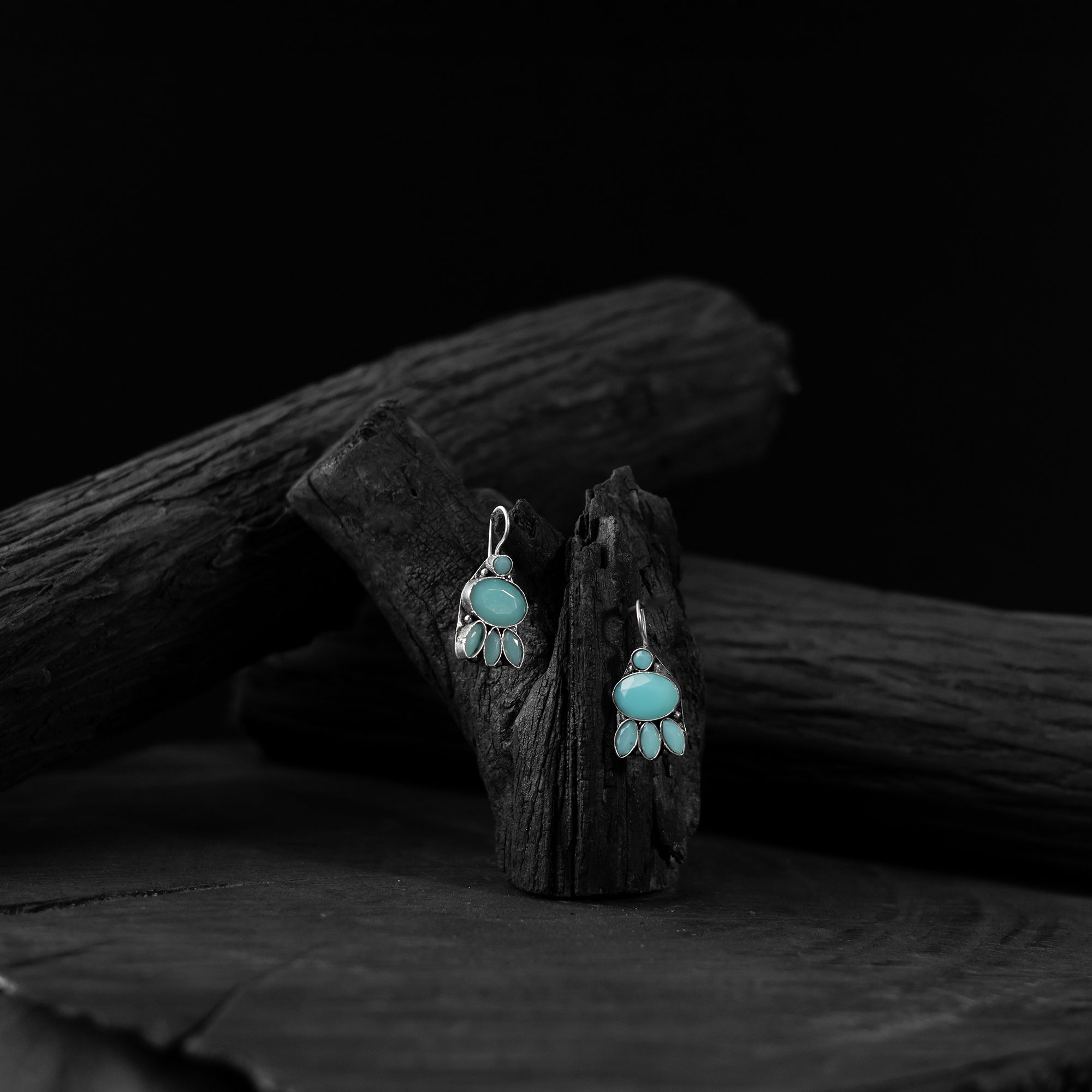 Saanjh Bela Turquoise Blue Leaf Oxidised Drop Earrings